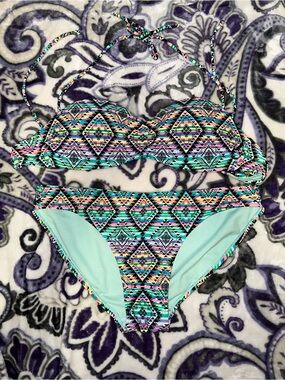 No Boundaries Multicolor Aztec Print Two-Piece Swimsuit with Mint Accents